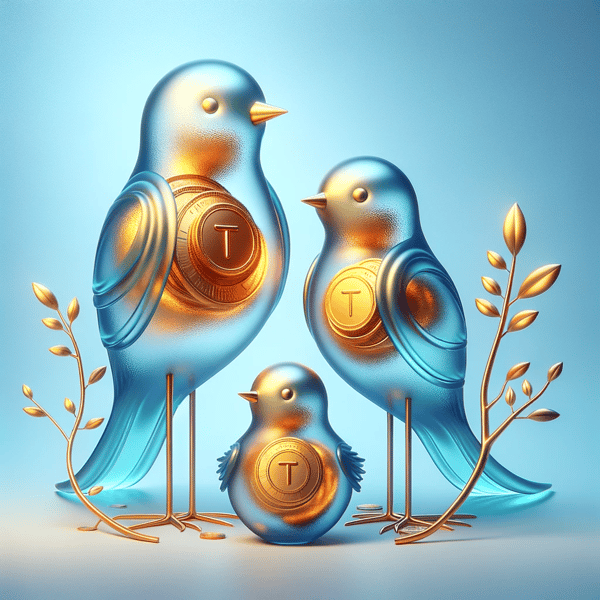 DALL·E 2023-11-08 20.17.42 - A family of three stylized birds, consisting of two adult birds and one child bird, designed with a transparent glass-like texture filled with golden 